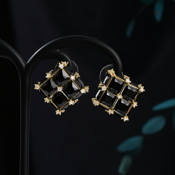 Exquisite Multi Color Zircon Cube Crystal Square Stud Earrings Gold Color Luxury Women Party Jewelry