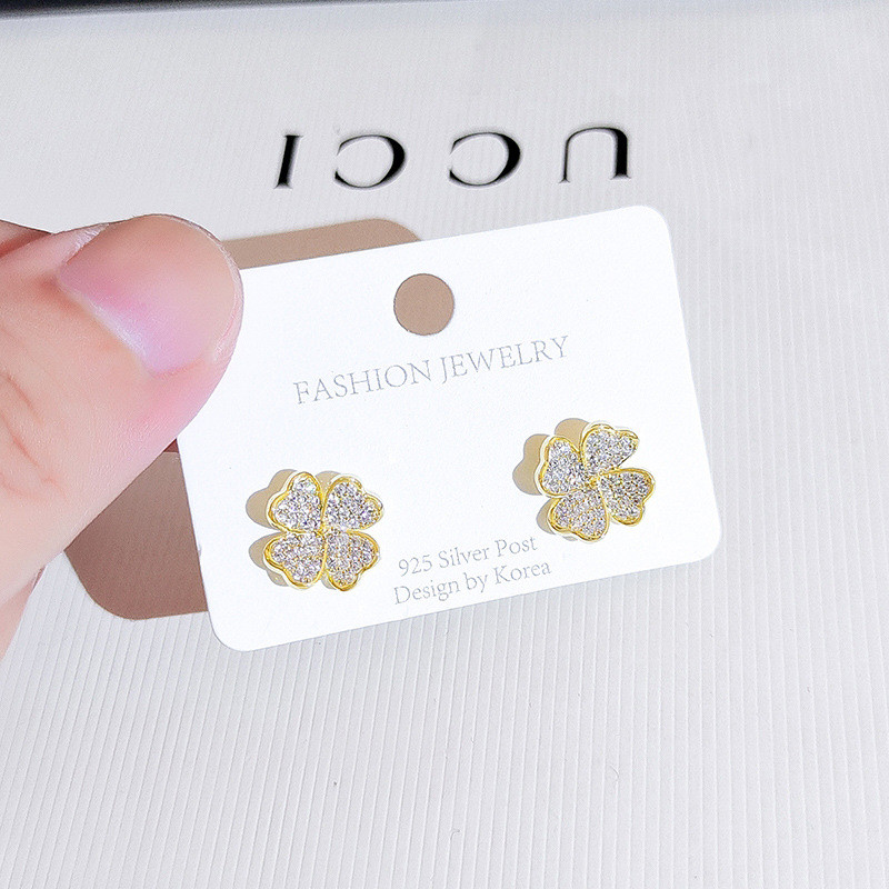 Exquisite Four Leaf Clover Zircon Stud Earrings for Women Gold Color Wedding Party Jewelry