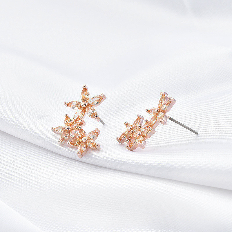 Exquisite Colored Cubic Zirconia Stud Earrings Women Three Flower Piercing Fine Jewelry Gifts