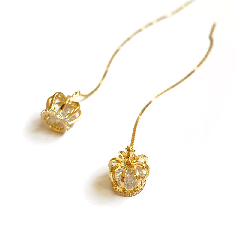 Women's Cubic Zirconia Crown Ear Wire Tassel Long Chain Drop Dangle Earring Crystal Ear Line Wedding Gift