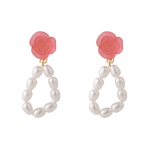 Korean Style Pink Rose Pearl Earrings Frosted Imitation Round Pearl Circle for Girls Festival Gifts