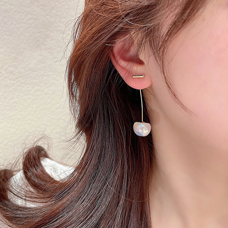 Creative Mermaid White Pearl Cherry Pendant Gold Dangle Earrings For Women Elegant Design Sense Personality Party Jewelry