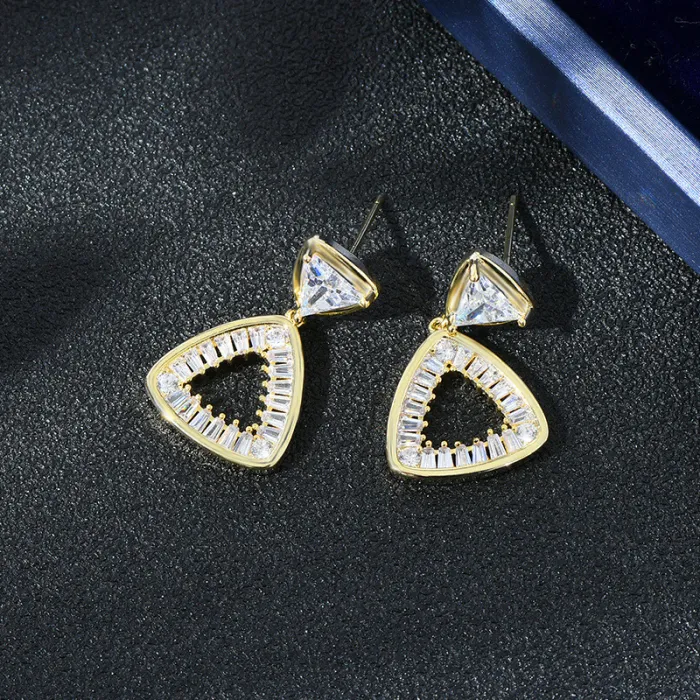 Full Rhinestone Fashion Double Big Triangle Earrings Elegant Women Wedding Party Jewelry