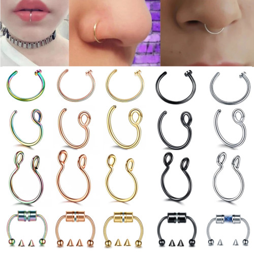 1Pc Stainless Steel Fake Nose Ring Hoop Septum Rings C Clip Lip Ring Earring for Women Fake Piercing Body Jewelry Non-Pierced