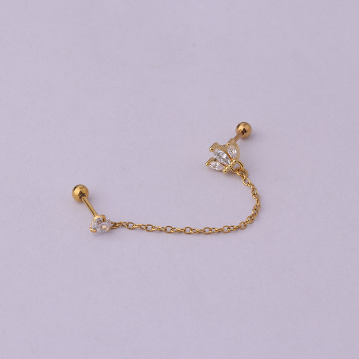1Piece Double Pierced Chain Stud Earrings for Women Trend Korean Fashion Jewelry Piercing Flower Drop Zircon Earrings for Teens
