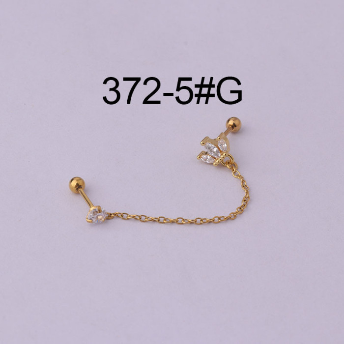 1Piece Double Pierced Chain Stud Earrings for Women Trend Korean Fashion Jewelry Piercing Flower Drop Zircon Earrings for Teens