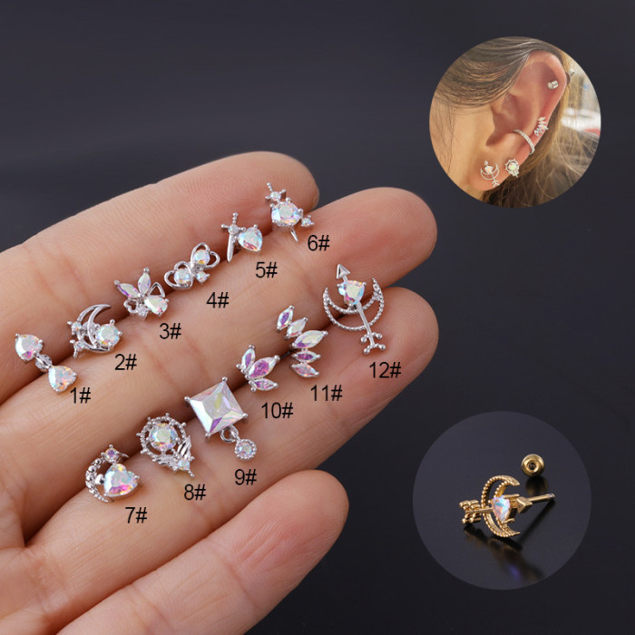 1Piece Colorful Zircon Heart Earrings for Women Fashion Trendy Jewelry 20G Stainless Steel Stud Earring for Teens Ear Cuffs