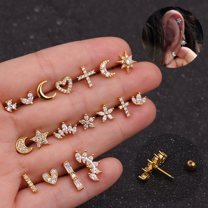 1Piece Heart Piercing Stud Earrings for Women Earrings Jewelry Stainless Steel Moon Star Flower Earring for Mother Day