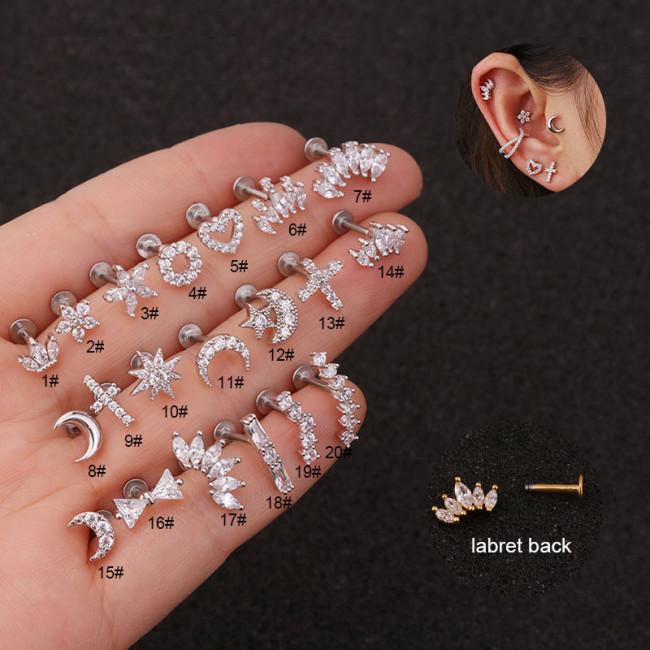 1Piece Piercing Moon Heart Flower Earrings for Women Screw Trendy Jewelry Crown Crosses Flat Stud Earrings Lip Studs Funny Gift