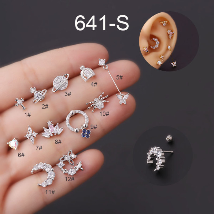 1Piece 0.8mm Stainless Steel Piercing Stud Earrings for Women Trend Jewelry Ear Cuffs Cute Moon Crown Butterfly Earrings Gift