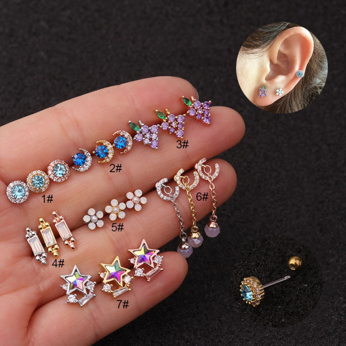 1Piece Colorful Moon Star Screw Piercing Stud Earrings for Women Fashion Jewelry Initial Ear Cartilage Earings Stud Gife To Girl