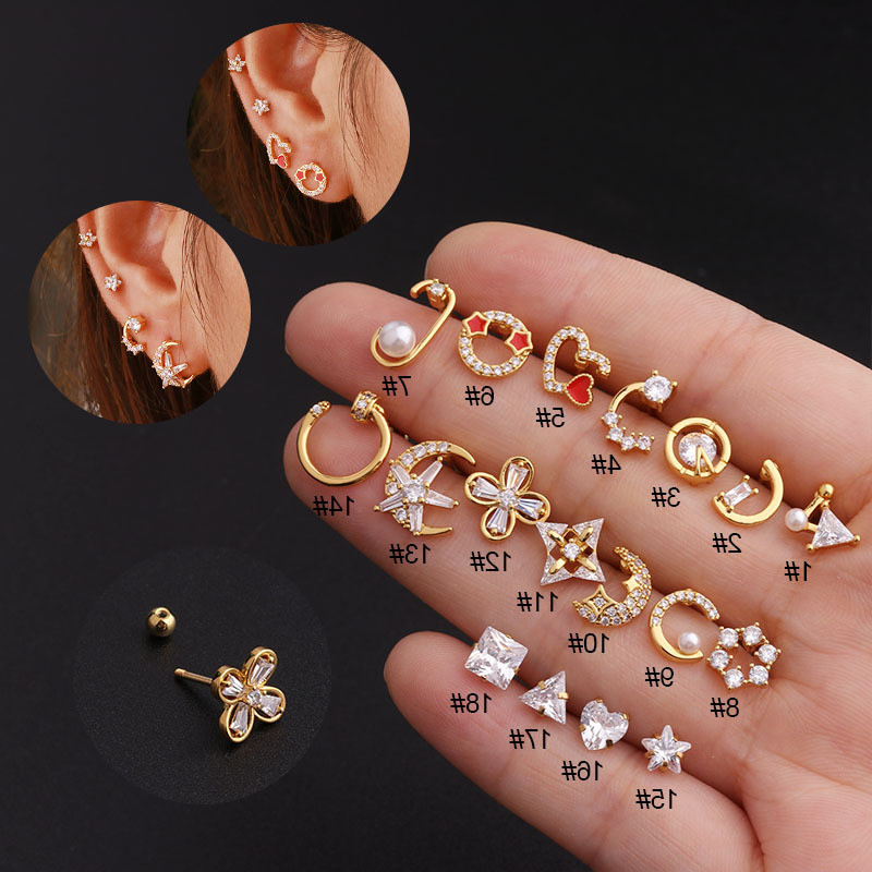 1Piece Zircon Heart Triangle Stud Earrings for Women Fashion Trend Fashion Jewelry Ear Cuff  Stainless Steel Piercing Earrings