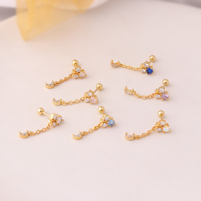 1Piece Both Sides Screwed Rod Stainless Steel Moon Dangle Earring Chain Stud Trendy Women  Korean Earrings Jewelry
