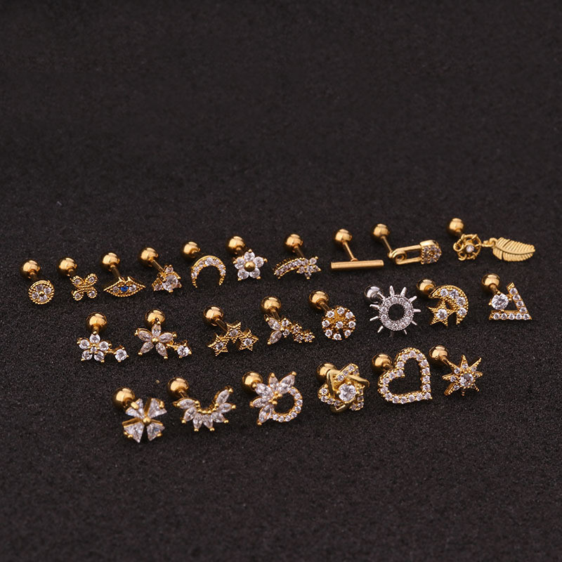 1Piece Piercing Stud Earrings for Women Screw Trend Jewelry Diameter 1.2mm Moon Star Dreamcatcher Lip Zircon Stud Earrings