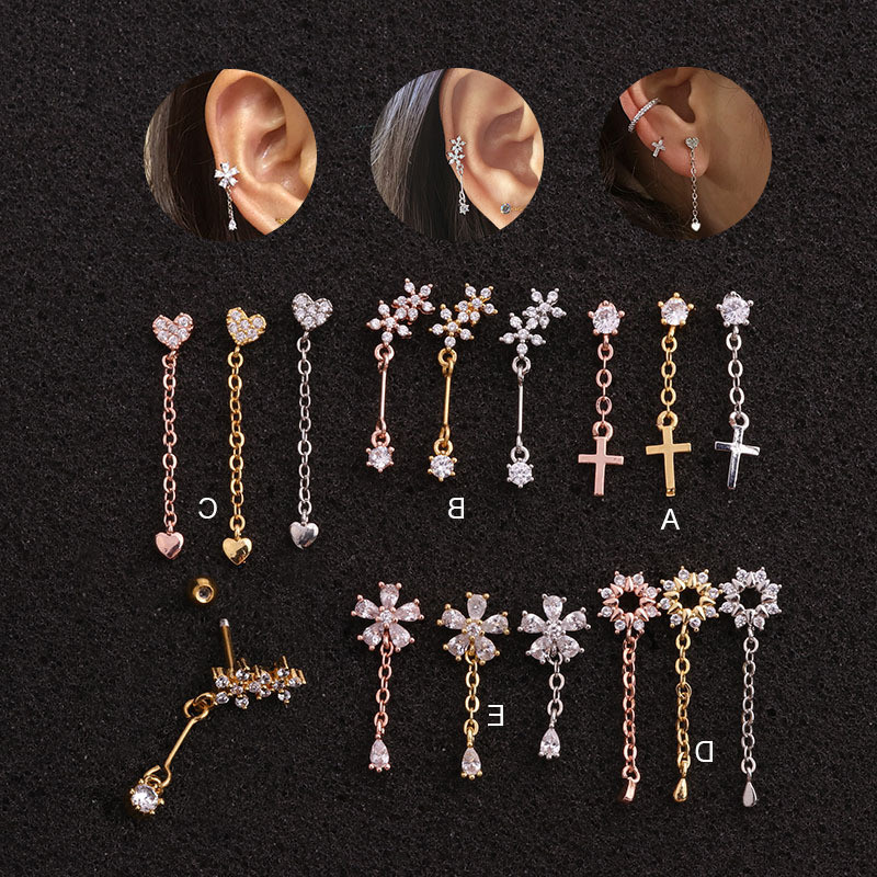 1Piece  Fashion Piercing Earrings for Women Jerwelry Pendant Stainless Steel Screw Heart Cross Flower Earrings Studs for Girls