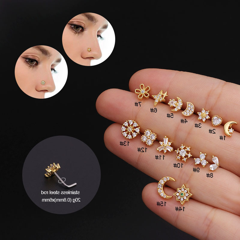 1Piece 20G Stainless Steel Piercing Zircon Star Moon Nose Ring Cuff Body Jewelry for Women Trend Ear Cuffs Nose Studs Gift