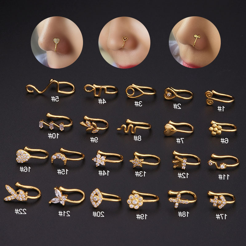 1Piece Fake Piercing Clip Nose Ring Cuff Body Jewelry for Women Girl Trend Ear Cuffs Heart Cross Flowers Clip Nose Rings