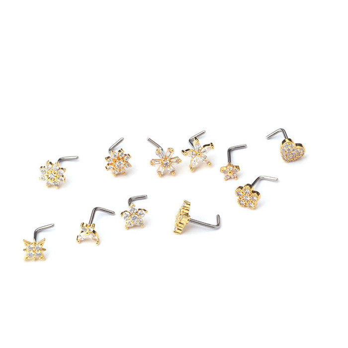 1Piece 20G Stainless Steel Piercing Zircon Flower Nose Ring Cuff Body Jewelry for Women Ear Cuffs Piercing Stud Earrings Ring