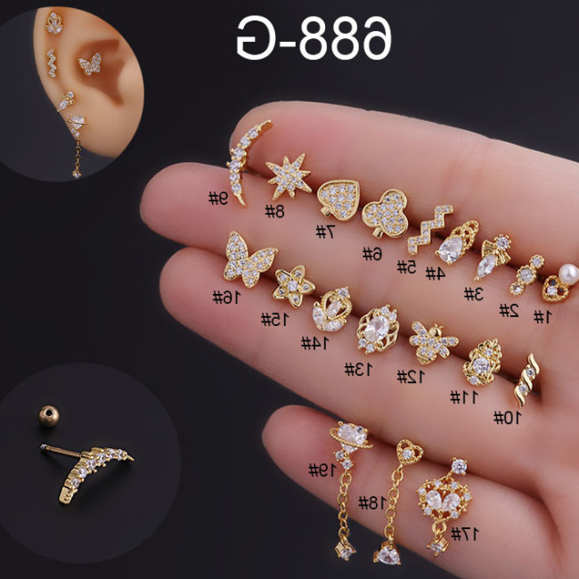 1Piece Zircon Drop Earrings Heart Star Bee Women Earrings Jewelry Ear Cuffs 0.8mm Piercing Stainless Steel Stud Earrings Teen