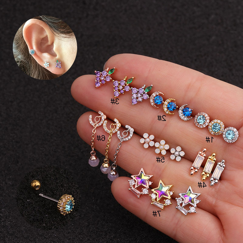 1Piece Colorful Moon Star Screw Piercing Stud Earrings for Women Fashion Jewelry Initial Ear Cartilage Earings Stud Gife To Girl