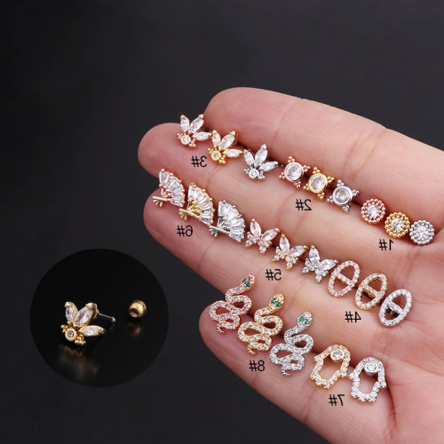 1Piece  Stainless Steel Piercing Stud Earrings for Women Trend Jewelry Zircon Snake Butterfly Fan Small Earrings for Girl Boy