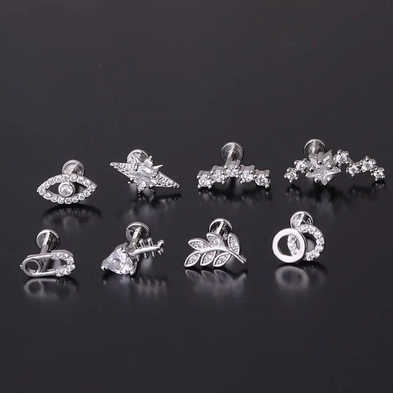 1Piece Diameter 1.2mm Internal Rod Piercing Stud Earrings for Women Gift Trend Fashion Jewelry Fish Eye Leaf Zircon Earrings