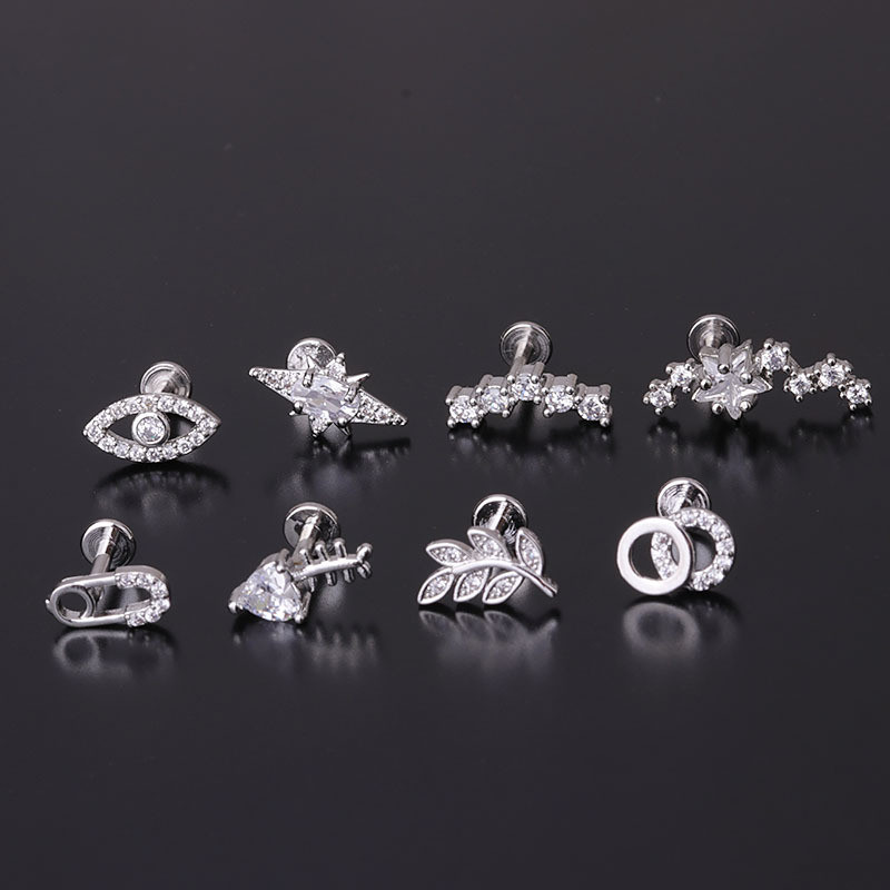 1Piece Diameter 1.2mm Internal Rod Piercing Stud Earrings for Women Gift Trend Fashion Jewelry Fish Eye Leaf Zircon Earrings