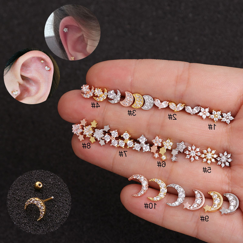 1Piece Personality Piercing Stud Earrings for Woman Jewelry Diameter 0.8mm Star Moon Snow Flower Mini Zircon Stud Earrings