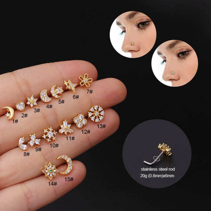 1Piece 20G Stainless Steel Piercing Zircon Star Moon Nose Ring Cuff Body Jewelry for Women Trend Ear Cuffs Nose Studs Gift