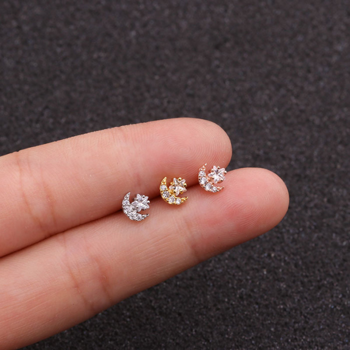 1Piece Personality Piercing Stud Earrings for Woman Jewelry Diameter 0.8mm Star Moon Snow Flower Mini Zircon Stud Earrings