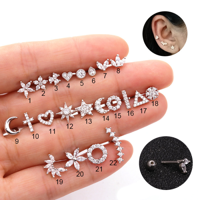 1Piece Unusual Piercing Love Heart Stud Earrings for Women Jewelry Diameter 1.2mm Moon Star Cross Zircon Earrings ear cuff