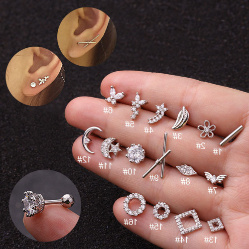 1Piece Diameter 1.2mm Piercing Stud Earrings for Women Fashion Jewelry Wing Bar Lip Circle Inlaid Zircon Stud Earrings