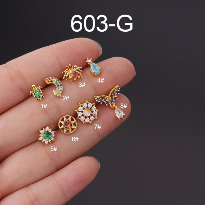 1Piece Color Zircon Turtle Spider Stud Earrings for Women Flower Trend Jewelry Stainless Steel Piercing Earrings for Teens