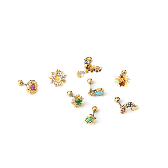 1Piece Color Zircon Turtle Spider Stud Earrings for Women Flower Trend Jewelry Stainless Steel Piercing Earrings for Teens