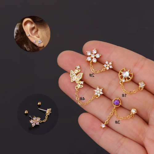 1Piece Diameter 0.8mm Double Piercing Chain Stud Earrings for Women Fashion Trend Jewelry Butterfly Flower Chain Earrings