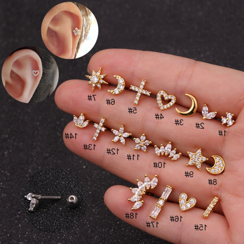 1Piece Heart Piercing Stud Earrings for Women Earrings Jewelry Stainless Steel Moon Star Flower Earring for Mother Day