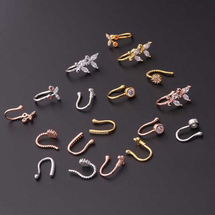 1Piece Fake Piercing Clip Nose Rings Cuff Body Jewelry for Women Trend Ear Cuffs Cross Cherry Butterfly Clip Nose Rings
