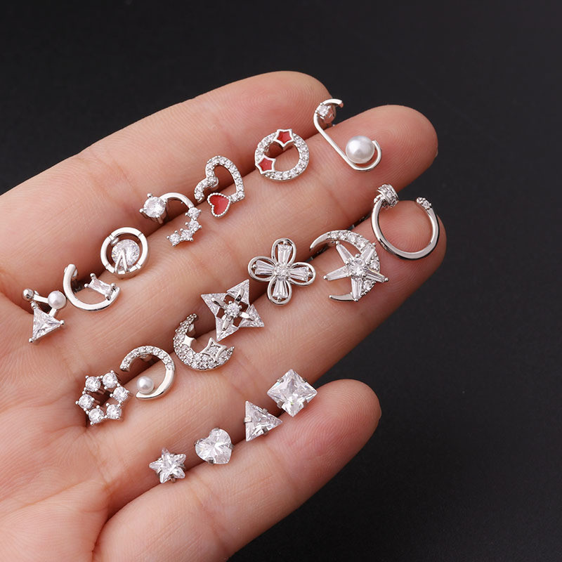 1Piece Zircon Heart Triangle Stud Earrings for Women Fashion Trend Fashion Jewelry Ear Cuff  Stainless Steel Piercing Earrings