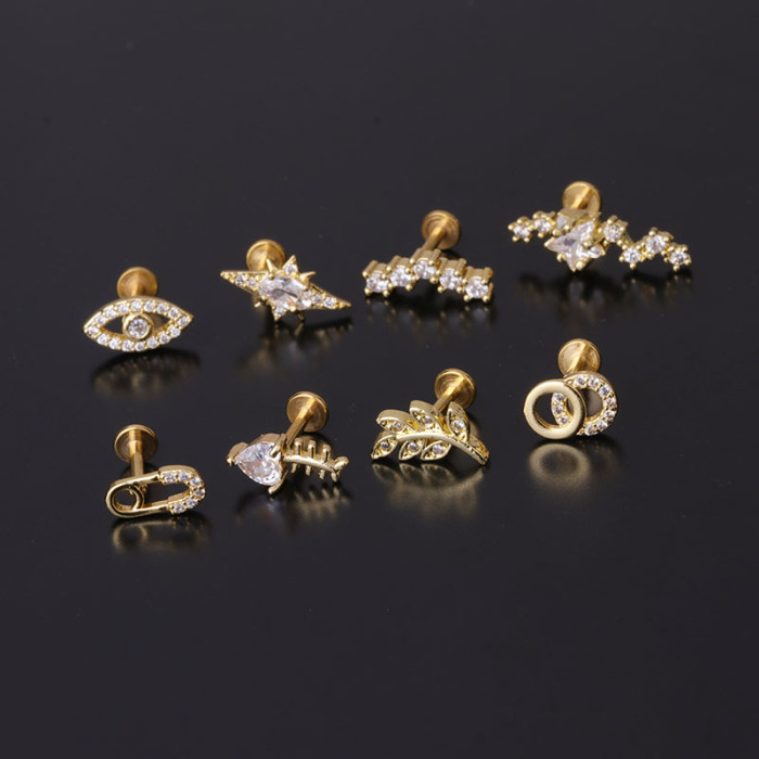 1Piece Diameter 1.2mm Internal Rod Piercing Stud Earrings for Women Gift Trend Fashion Jewelry Fish Eye Leaf Zircon Earrings