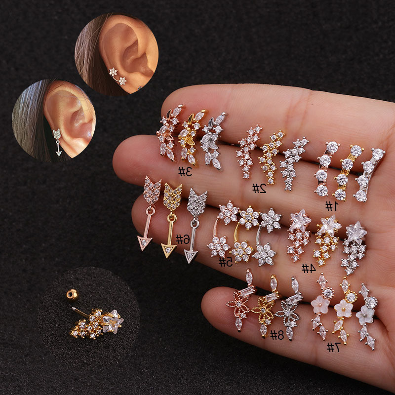 1Piece Creative Piercing Stud Earrings for Woman Fashion Trend Jewelry Diameter 0.8mm Flower Star Arrow Inlaid Zircon Earrings