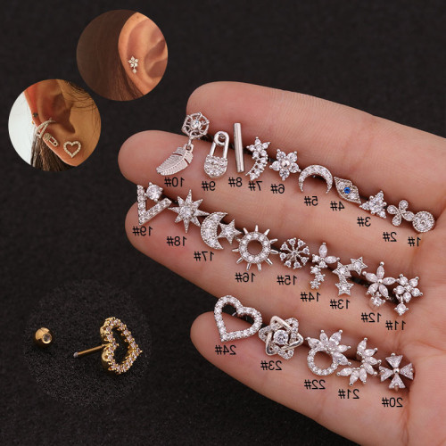 1Piece Piercing Stud Earrings for Women Screw Trend Jewelry Diameter 1.2mm Moon Star Dreamcatcher Lip Zircon Stud Earrings