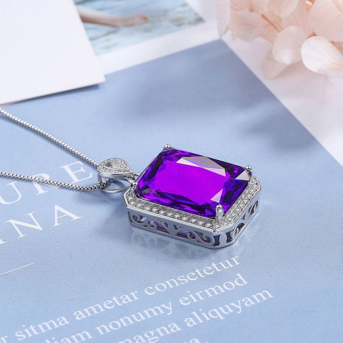 Square Amethyst Pendant Necklace Women's Zircon Short Necklace Clavicle Chain Necklace Jewelry