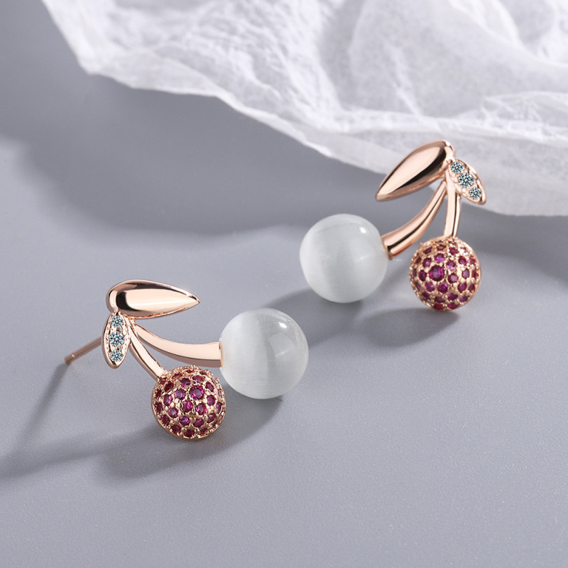 Diamond Stud Earrings for Women Korean Style Sweet Fresh Rose Gold Cherry Opal Stone Ear Studs Mini Earring