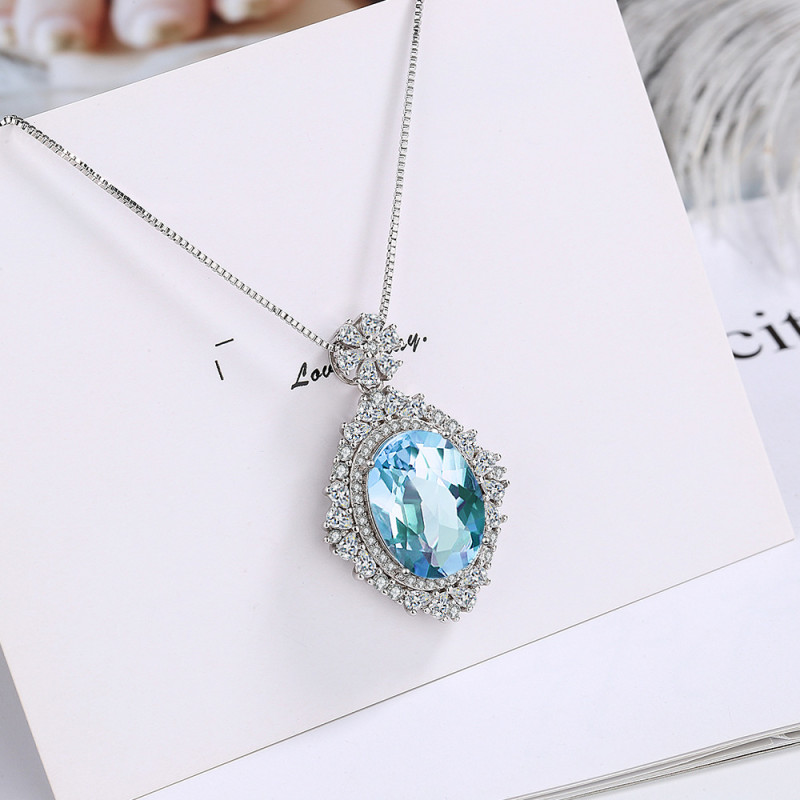 Fashion Dignified Pendant Women's Necklace Blue Full Diamond Dan-Shaped Zircon Ins Simple Lace Necklace