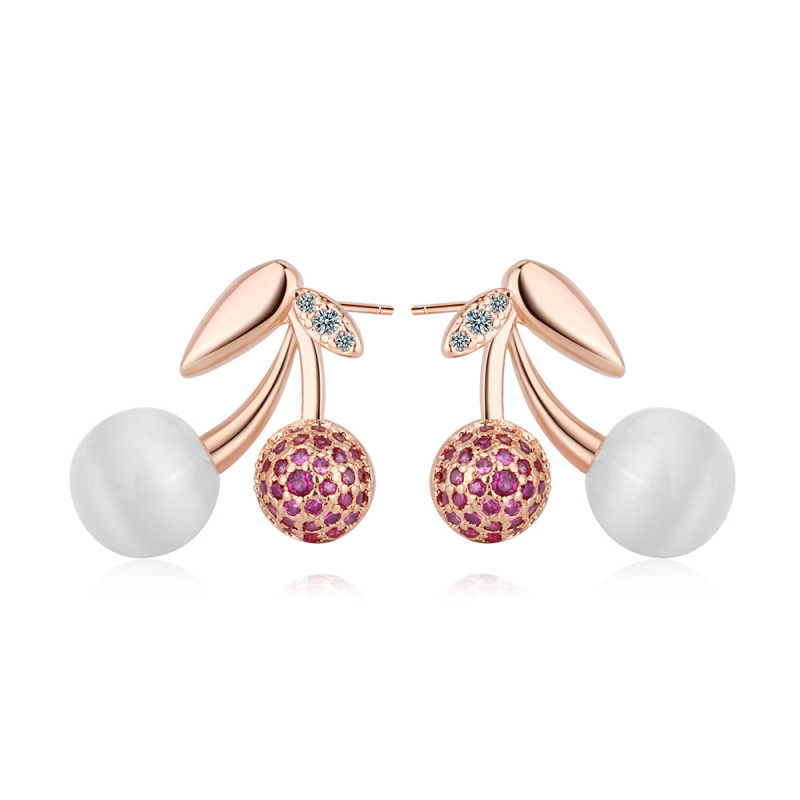 Diamond Stud Earrings for Women Korean Style Sweet Fresh Rose Gold Cherry Opal Stone Ear Studs Mini Earring