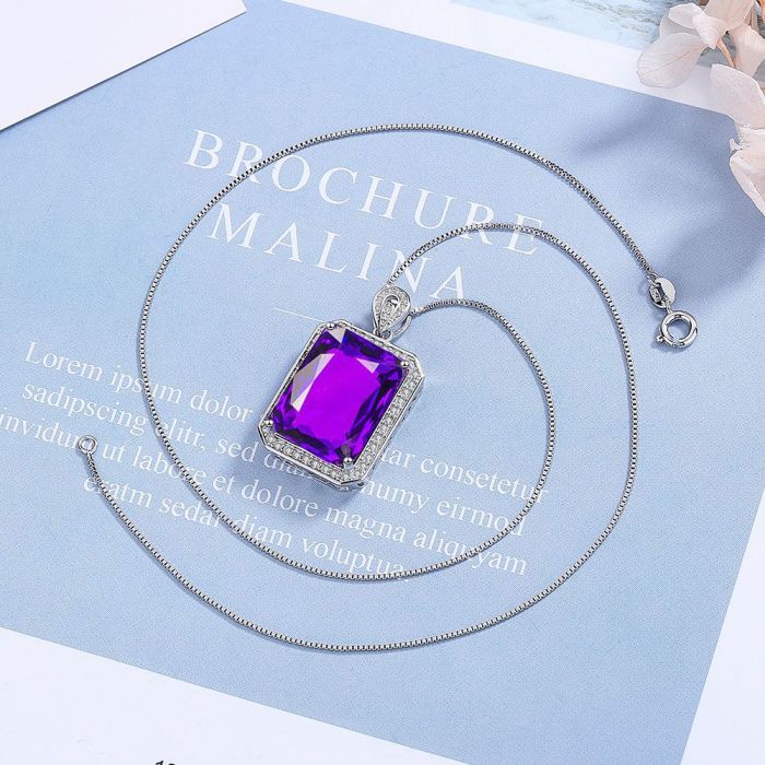 Square Amethyst Pendant Necklace Women's Zircon Short Necklace Clavicle Chain Necklace Jewelry