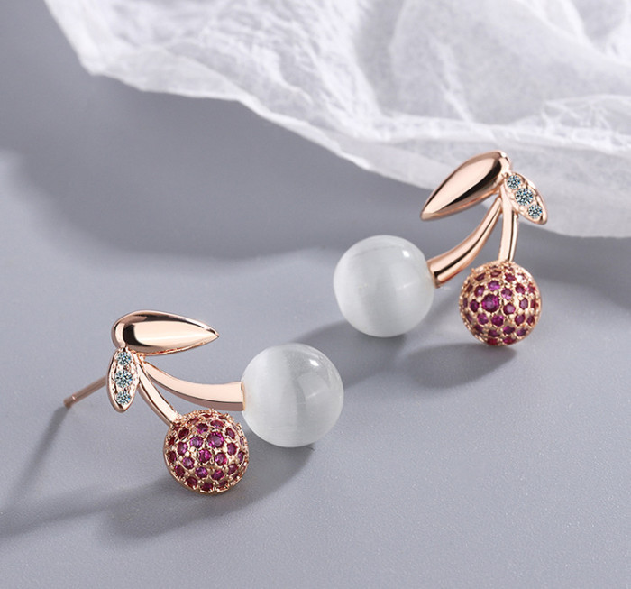 Diamond Stud Earrings for Women Korean Style Sweet Fresh Rose Gold Cherry Opal Stone Ear Studs Mini Earring 955