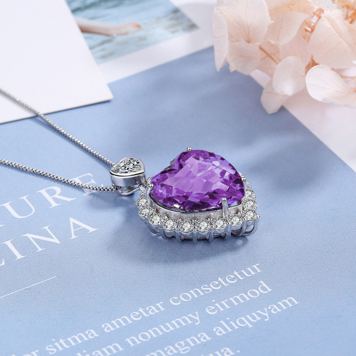 Short Clavicle Chain Necklace Female Heart-Shaped Zircon Amethyst Love Pendant Necklace for Women