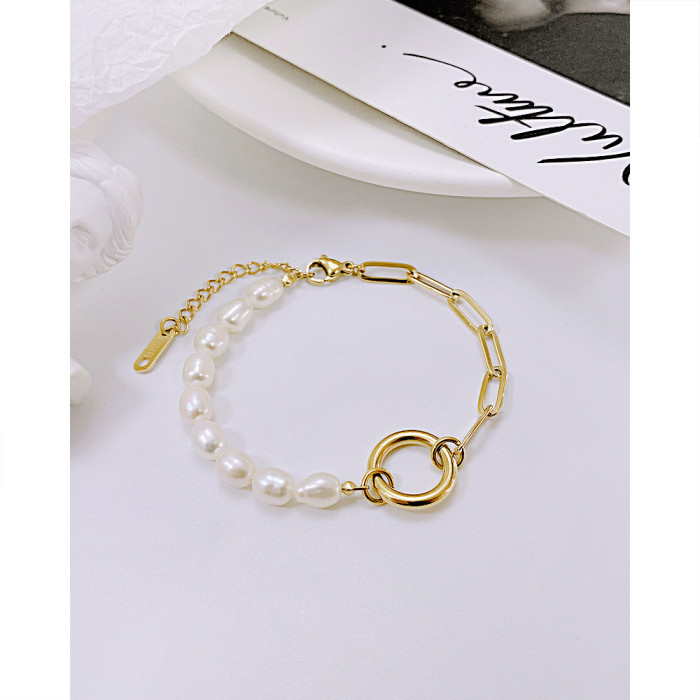 Personalized Simple Freshwater Pearl and Hoop Stainless Steel Bracelet for Women