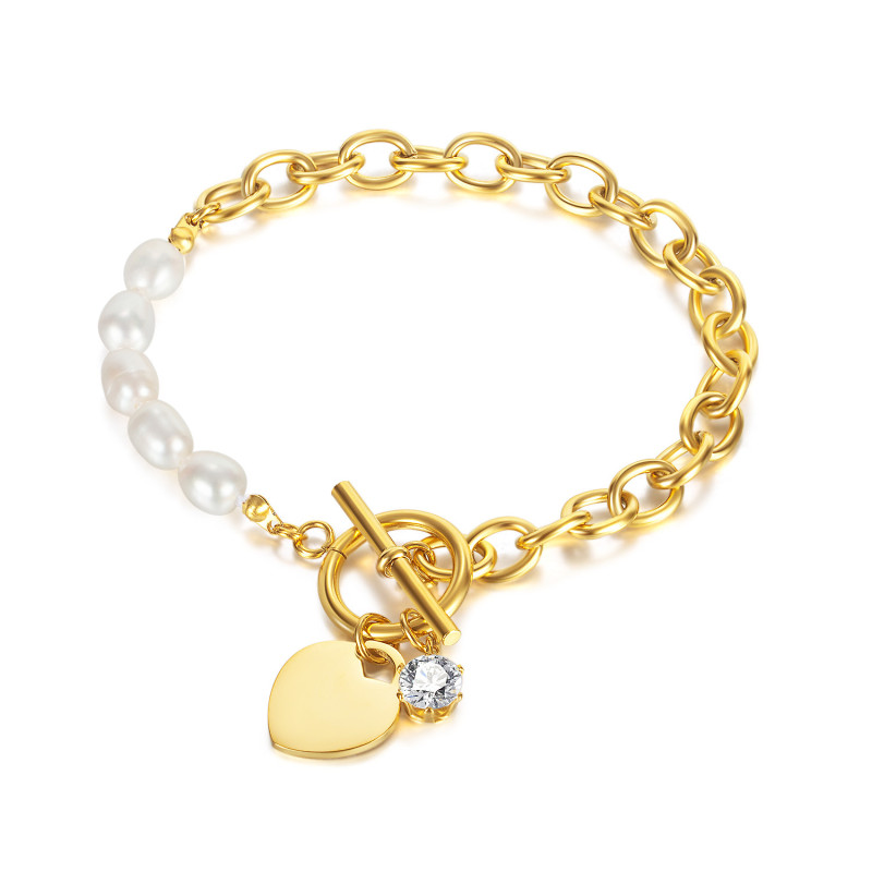 Freshwater Pearl Jewelry Stainless Steel Loving Heart Zircon OT Buckle Bracelet for Women